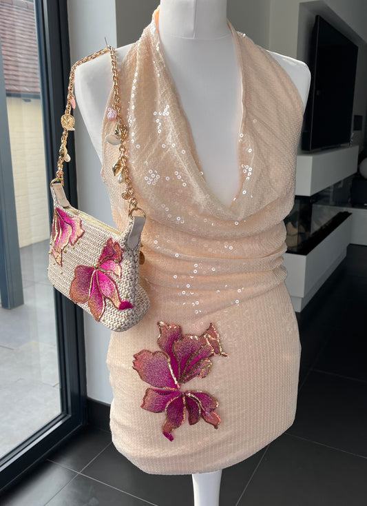 Beige Pink blossom sequin dress