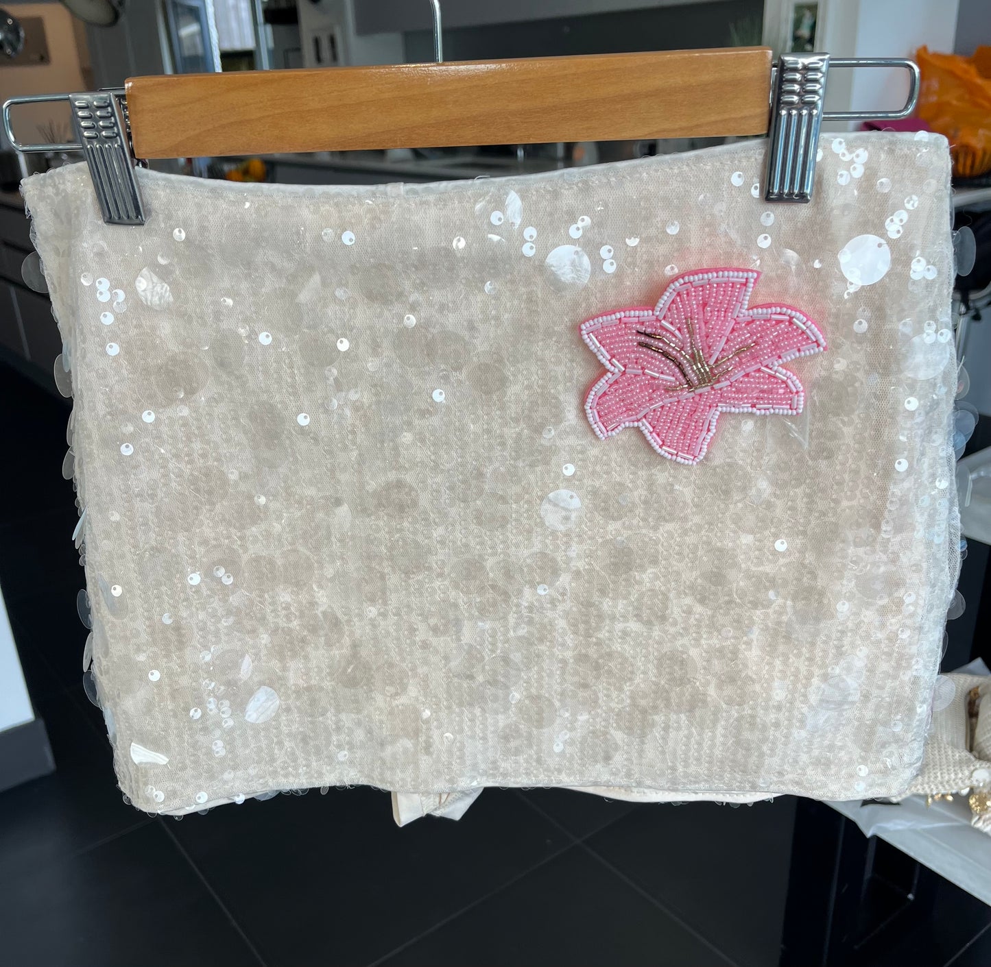 Beige beaded flora sequin skort