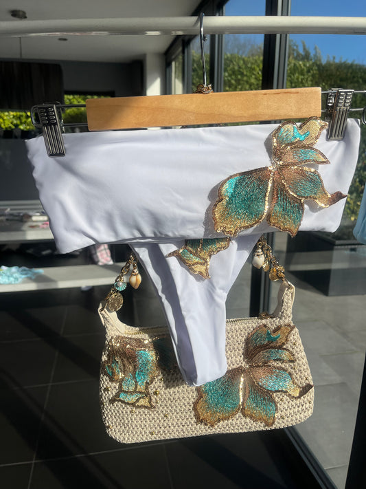 White Teal blossom bandeau bikini