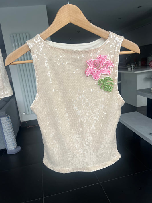 Beige beaded flora & leaf sequin Tank top ONLY