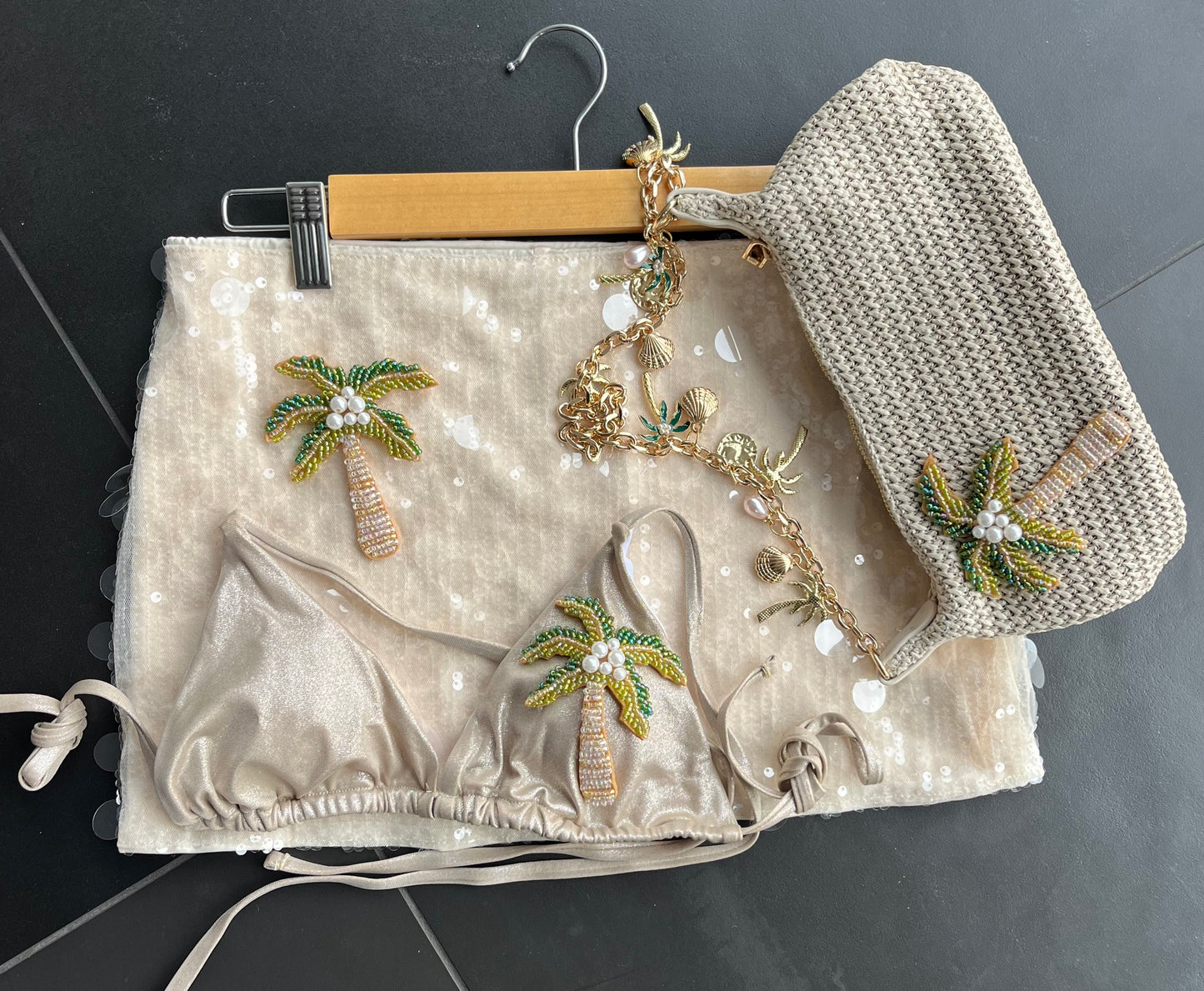 Beige beaded palm tree sequin skort