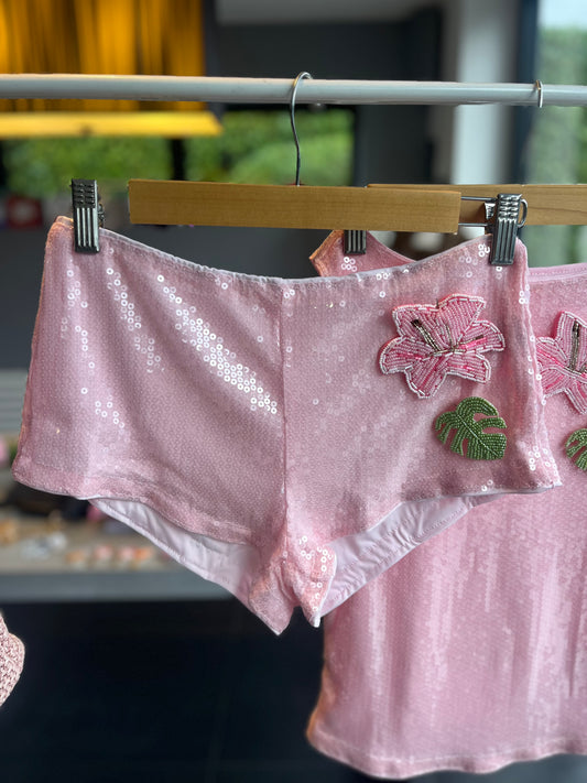 Pink beaded flora & leaf shorts ONLY