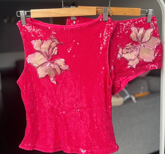 Hot pink Candy blossom sequin tank & shorts SET