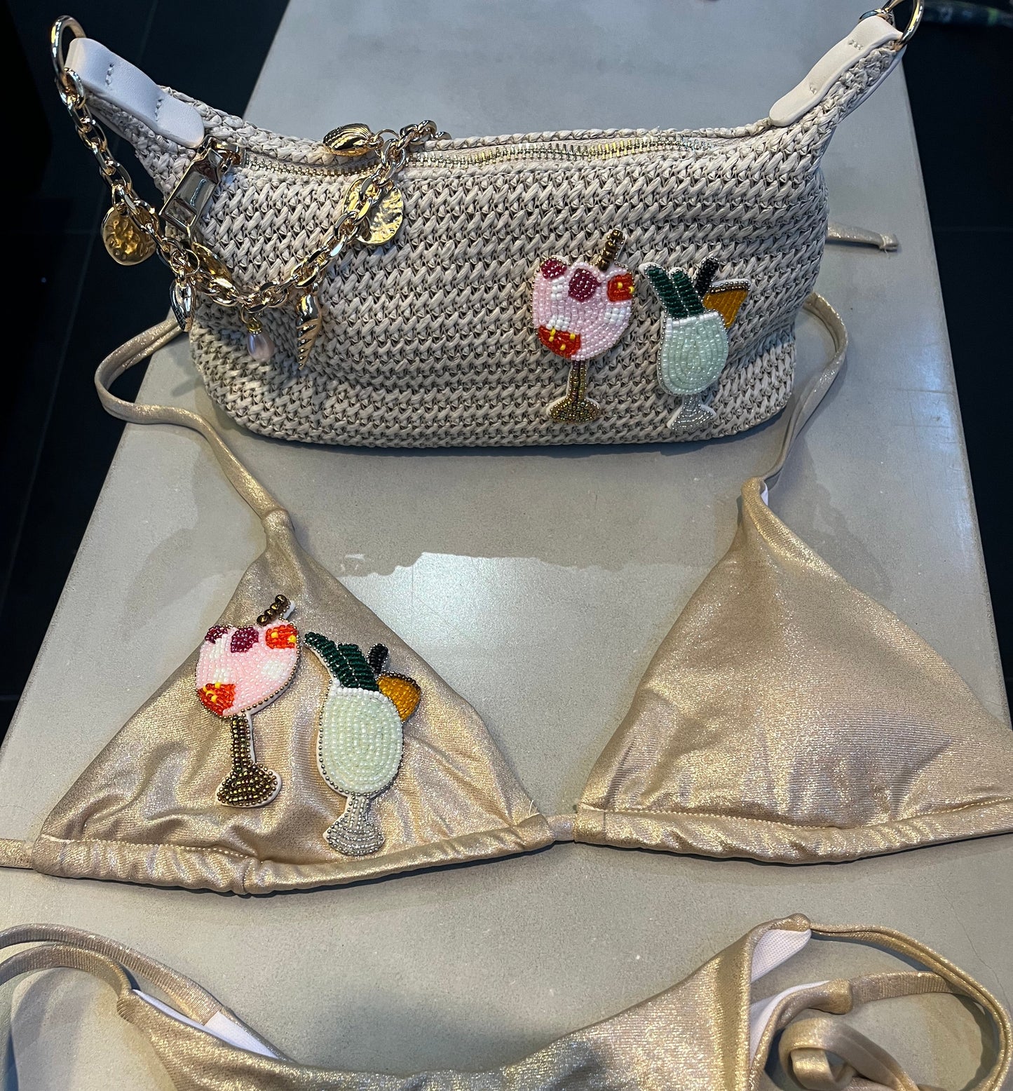 Beige beaded cocktails bikini