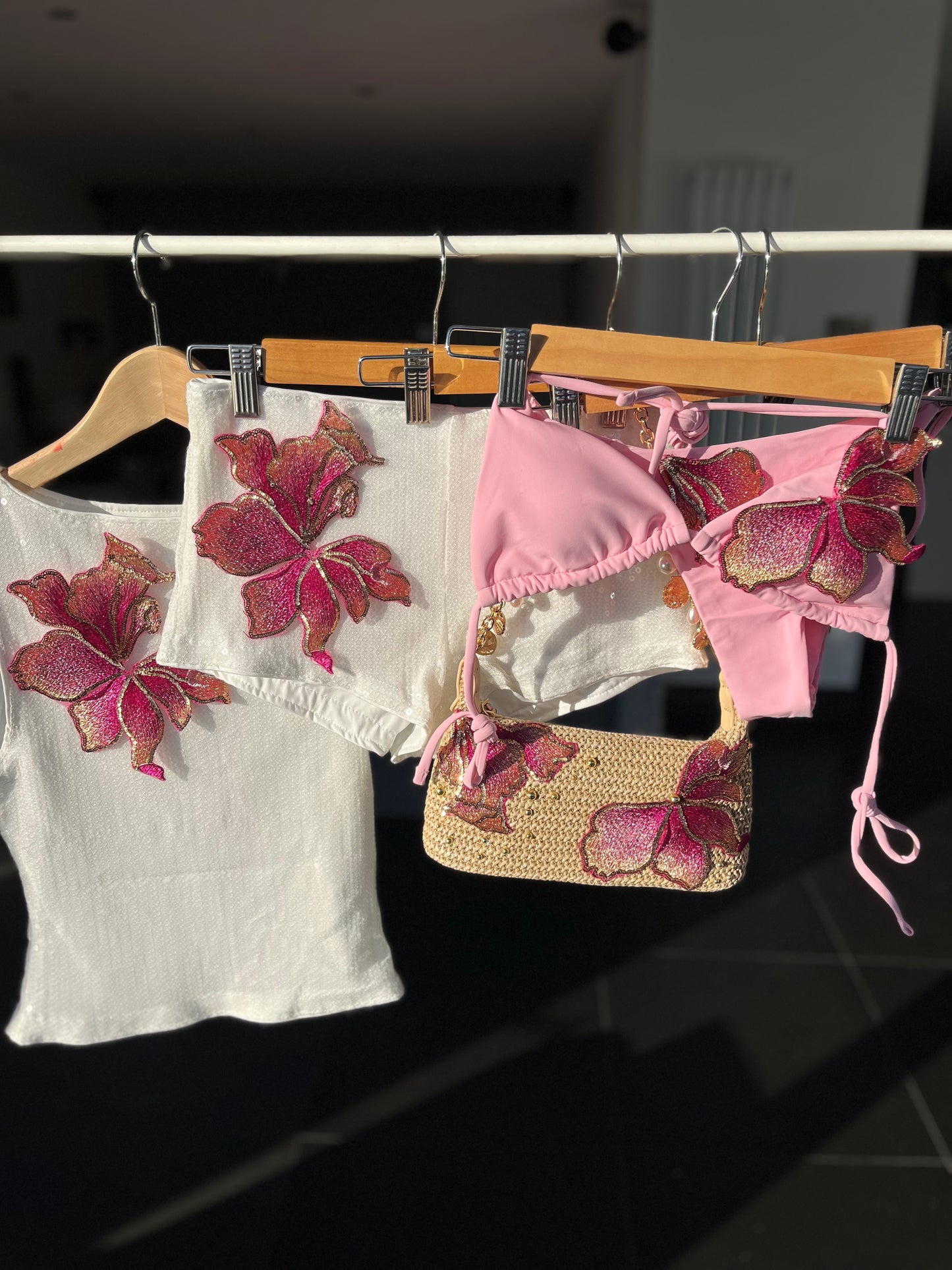 White pink blossom sequin shorts ONLY