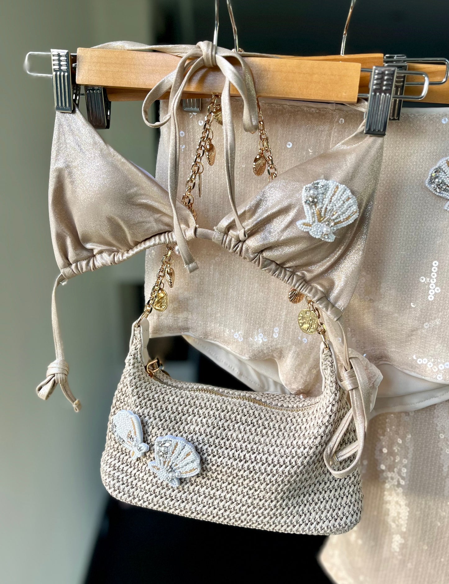 Beige beaded seashell bikini