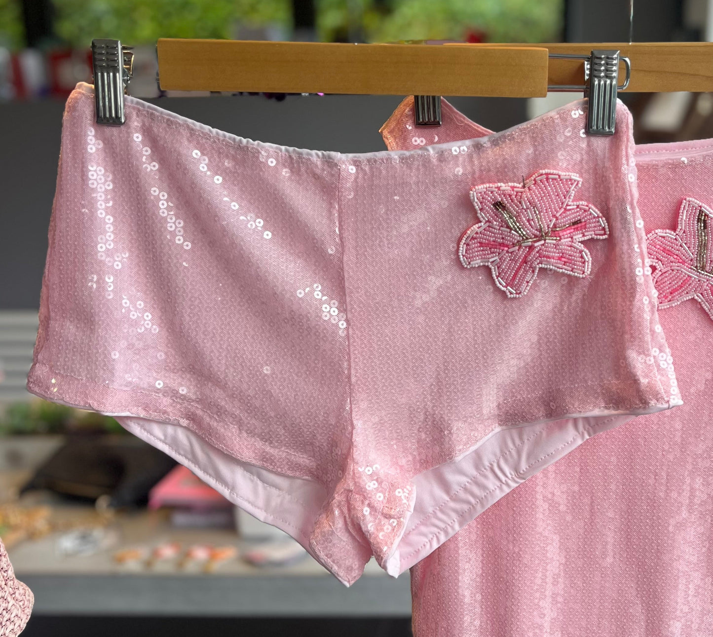 Pink beaded flora shorts ONLY