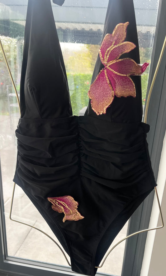 Black pink blossom one piece swimsuit