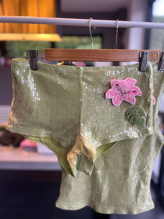 Matcha beaded flora & leaf shorts ONLY