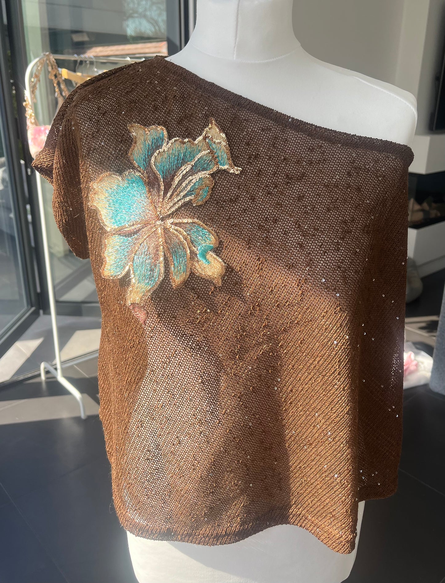 Brown teal blossom poncho cover up