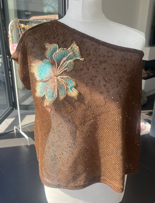 Brown teal blossom poncho cover up