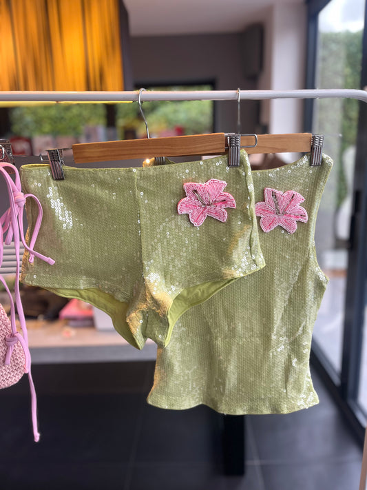 Matcha beaded flora tank & shorts SET
