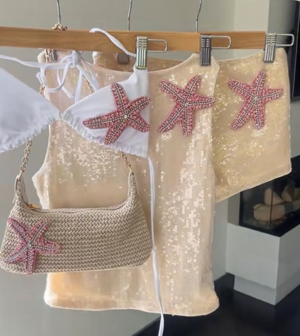Beige / pink Gem starfish sequin Tank TOP ONLY