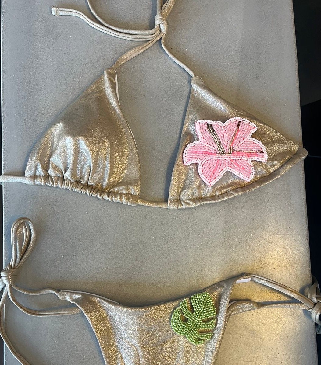Beige beaded flora & leaf bikini