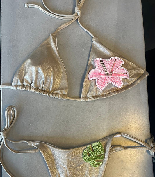 Beige beaded flora & leaf bikini