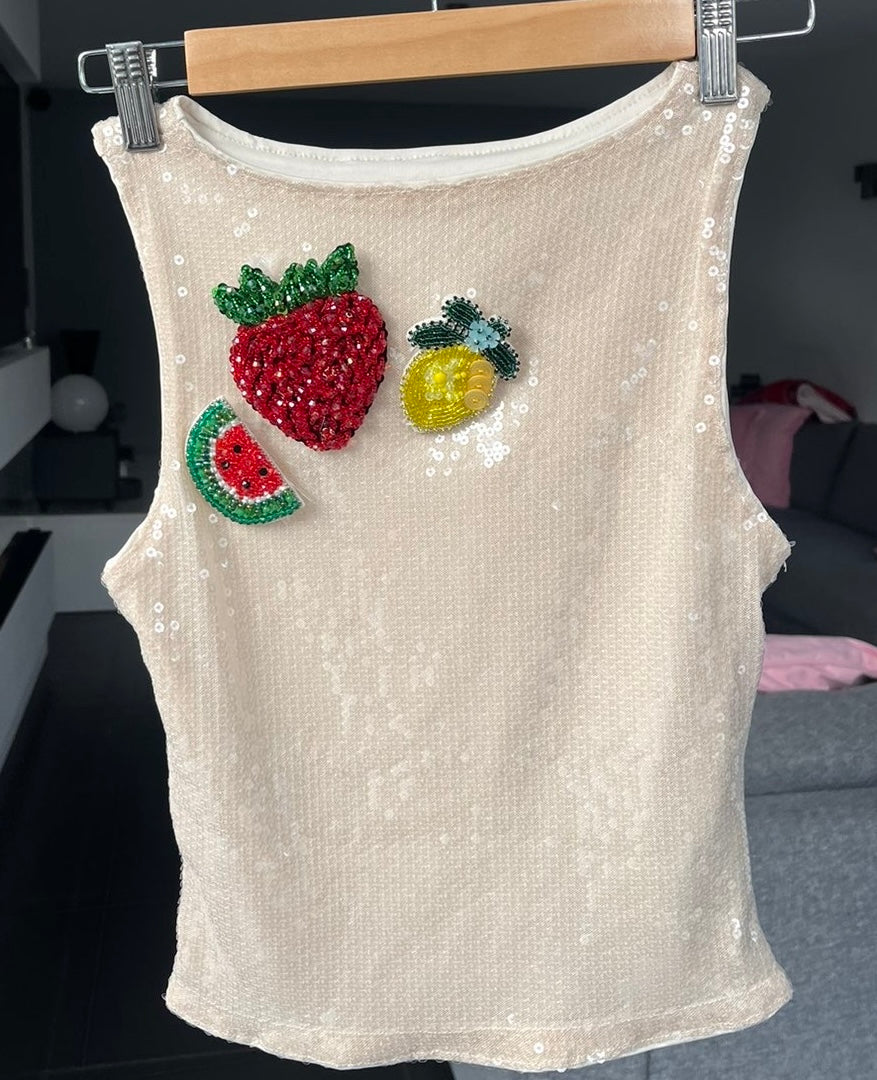 Beige beaded summer fruits sequin Tank top ONLY