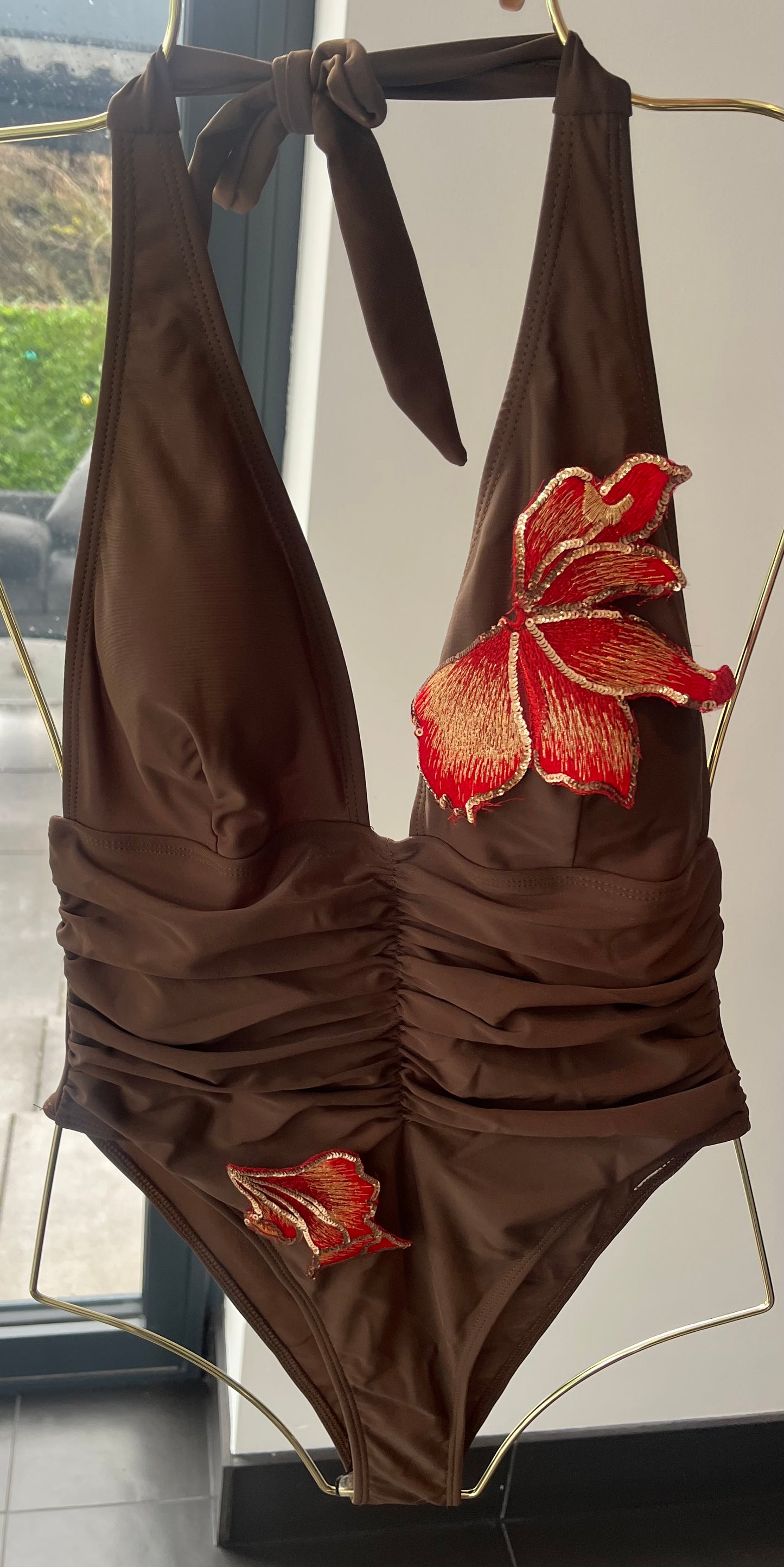 Brown Red blossom one piece swimsuit