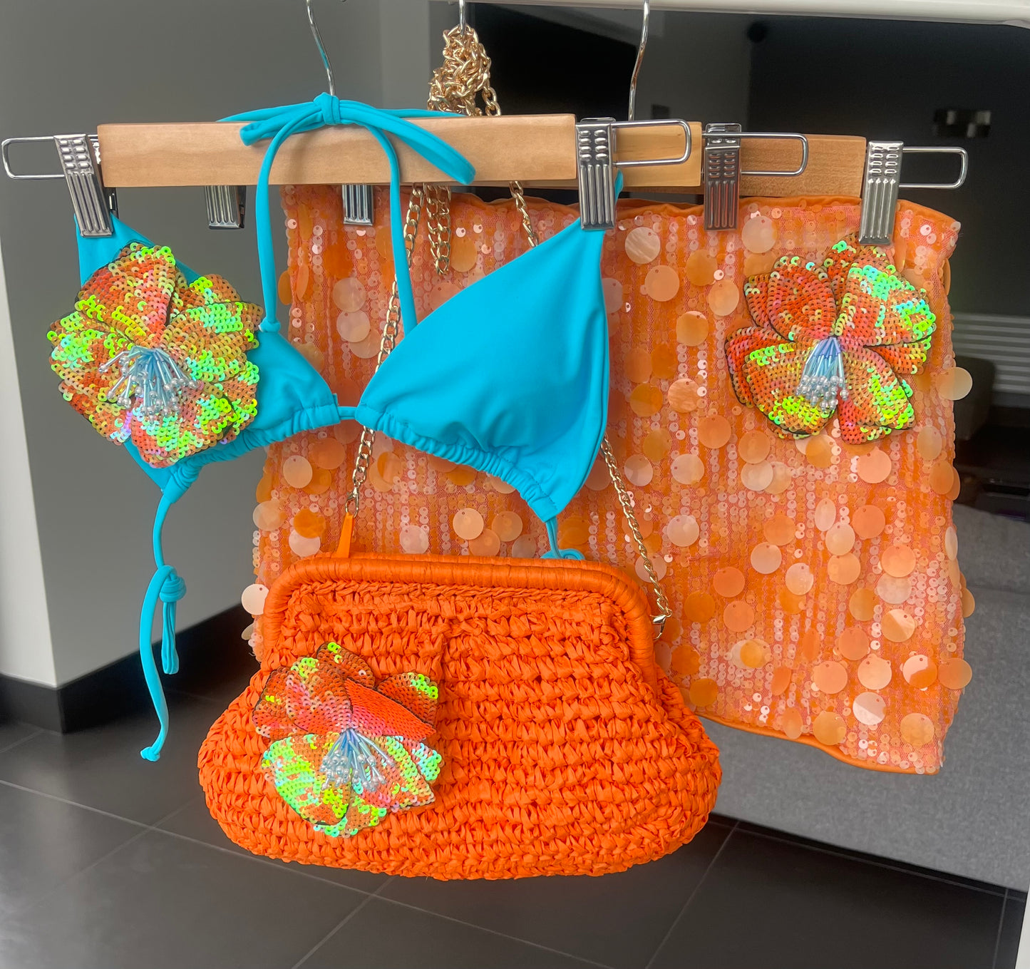 Orange flora sequin skirt