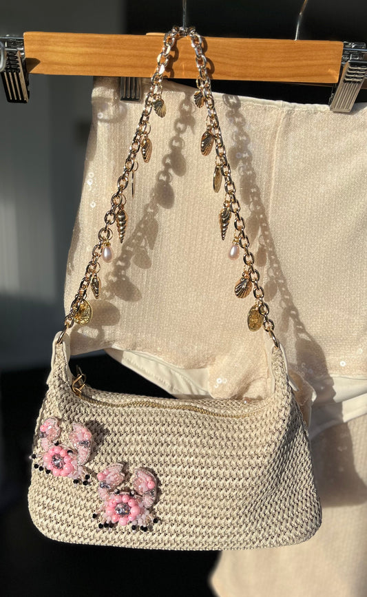 Beige beaded crabs charm bag