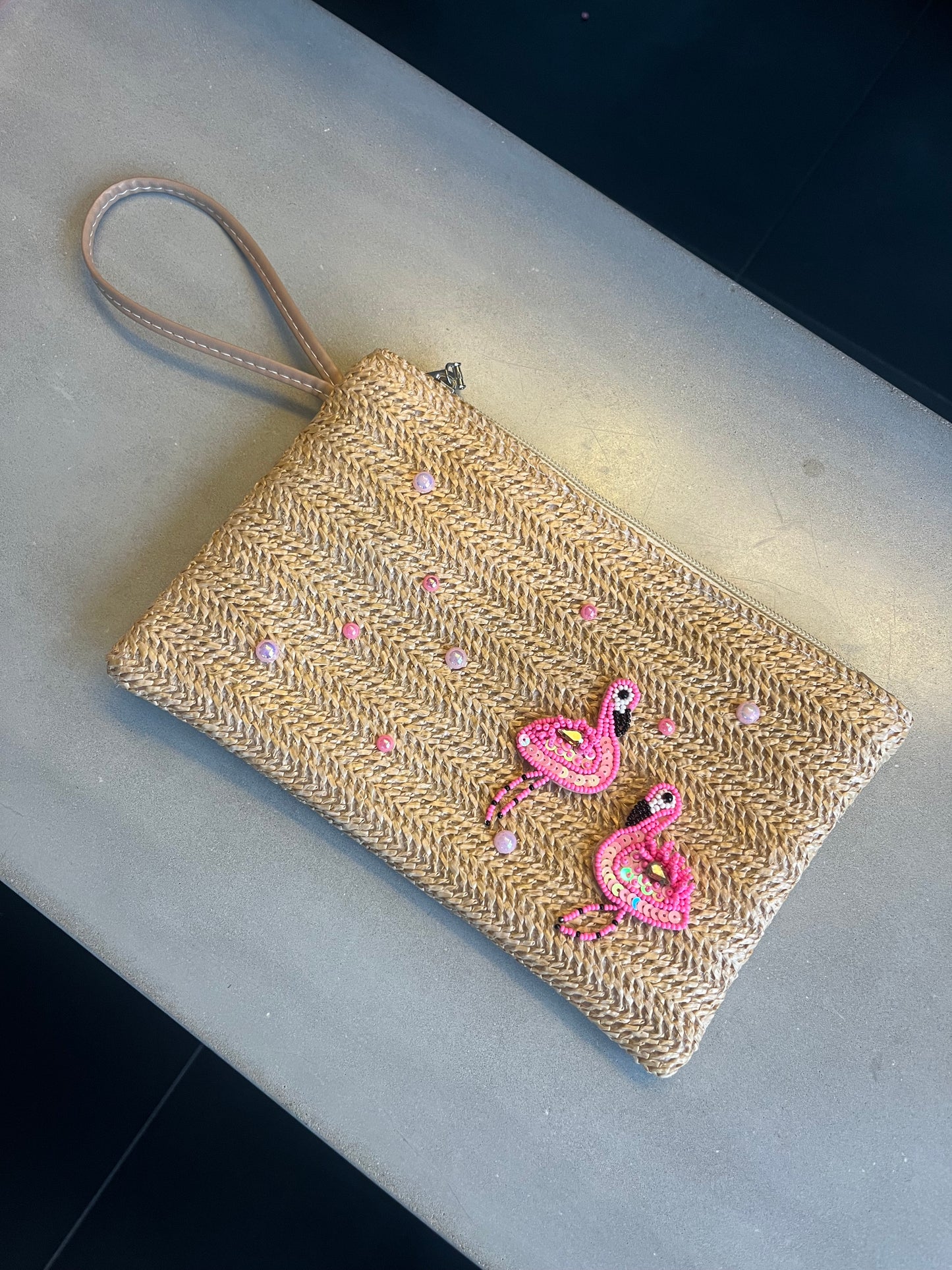 Beige beaded flamingos pouch / clutch bag
