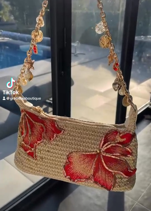 Beige red blossom charm bag
