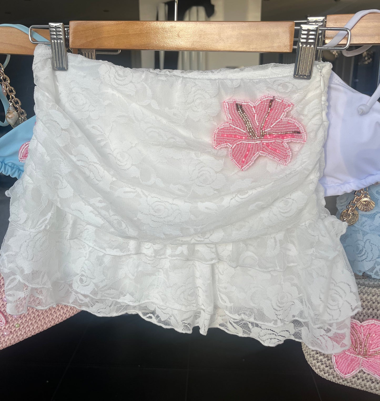 White beaded flora lace skort