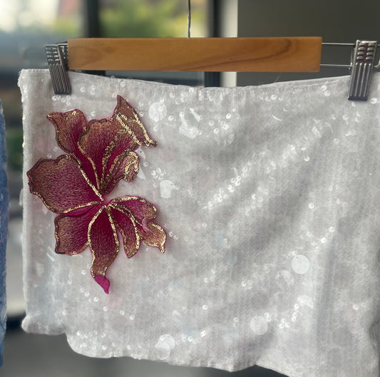 White pink blossom sequin skort