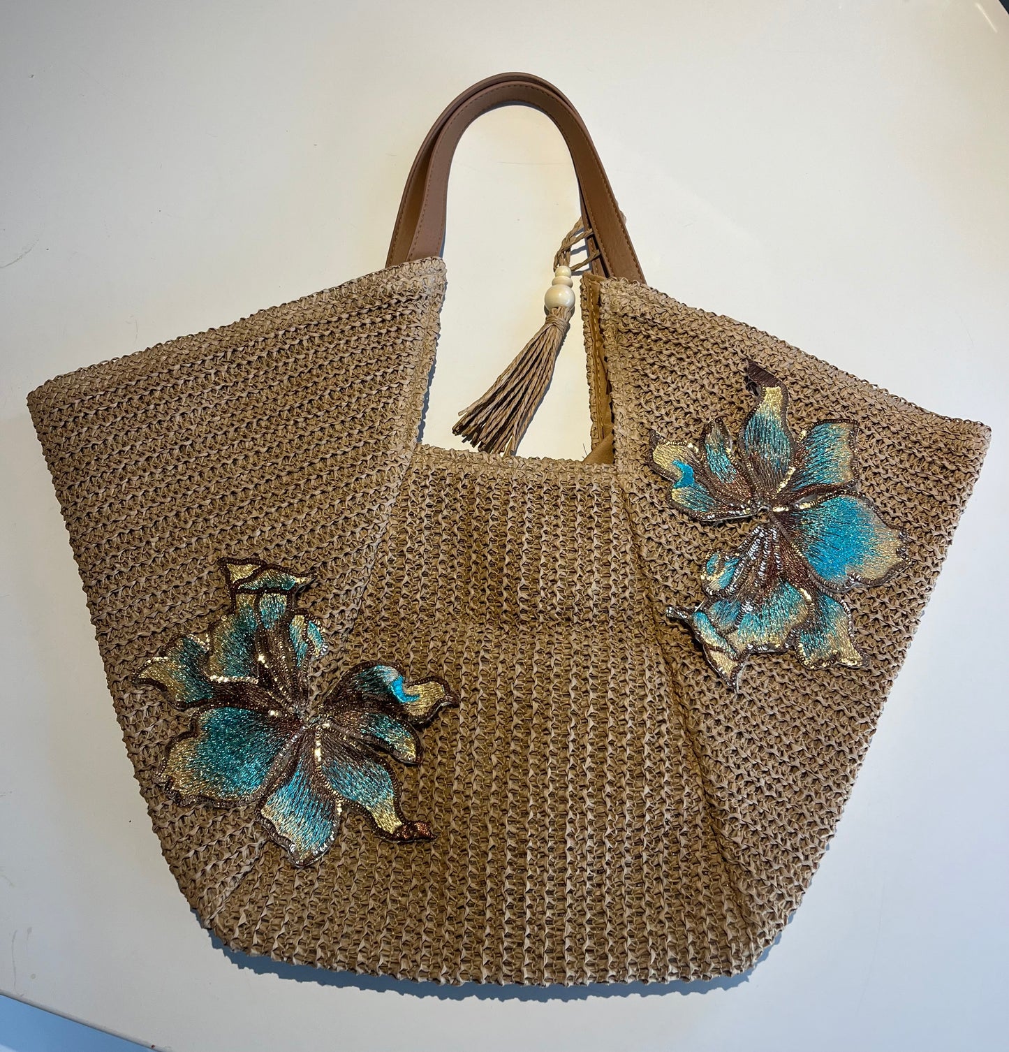 Beige Teal blossom beach bag