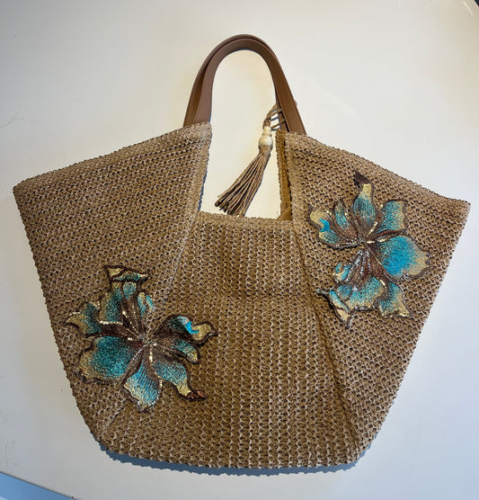 Beige Teal blossom beach bag