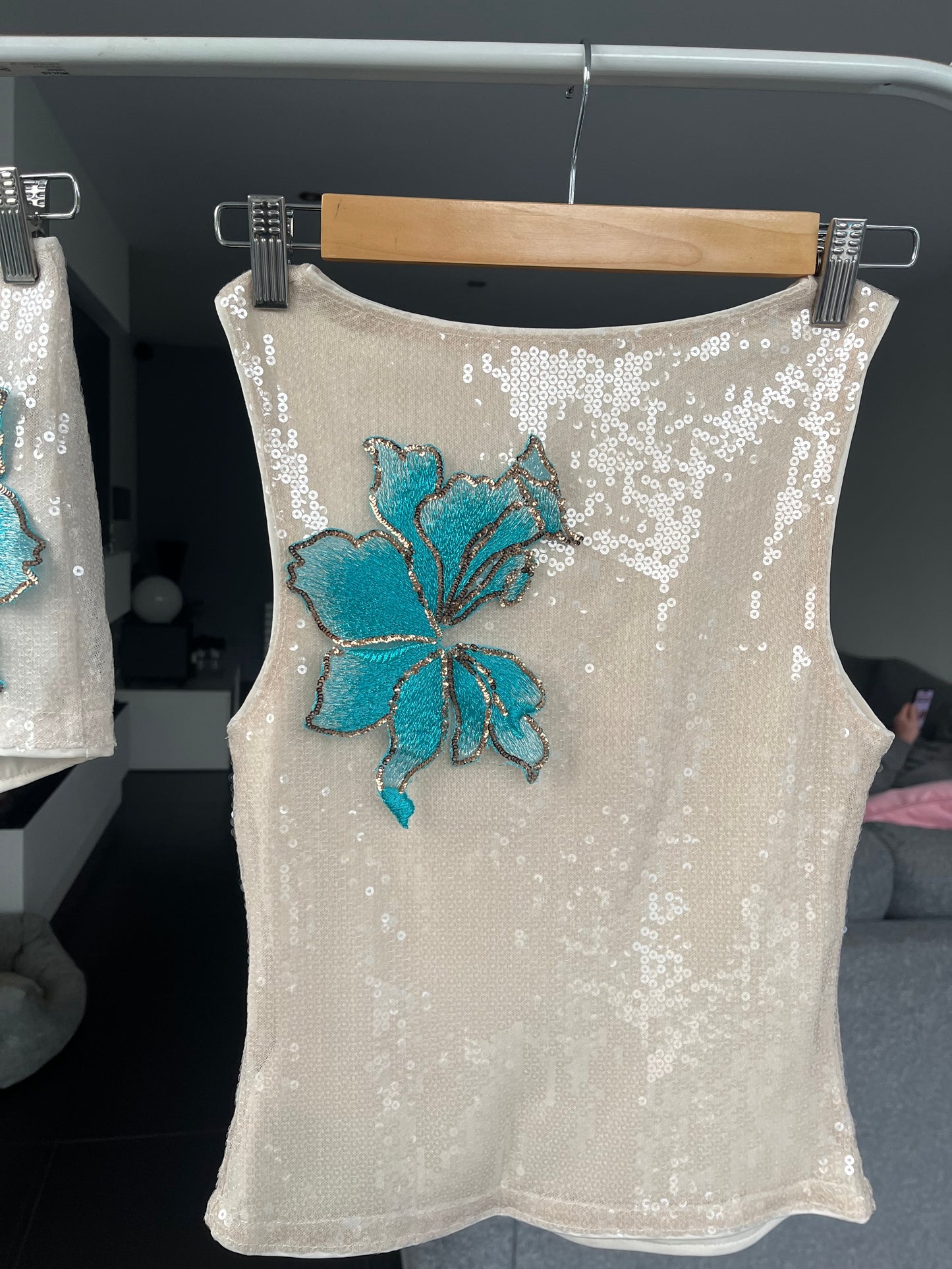 Beige Ocean blossom sequin Tank top ONLY
