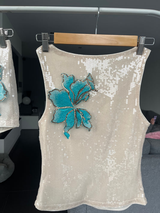 Beige Ocean blossom sequin Tank top ONLY