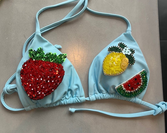 Blue beaded summer fruits bikini