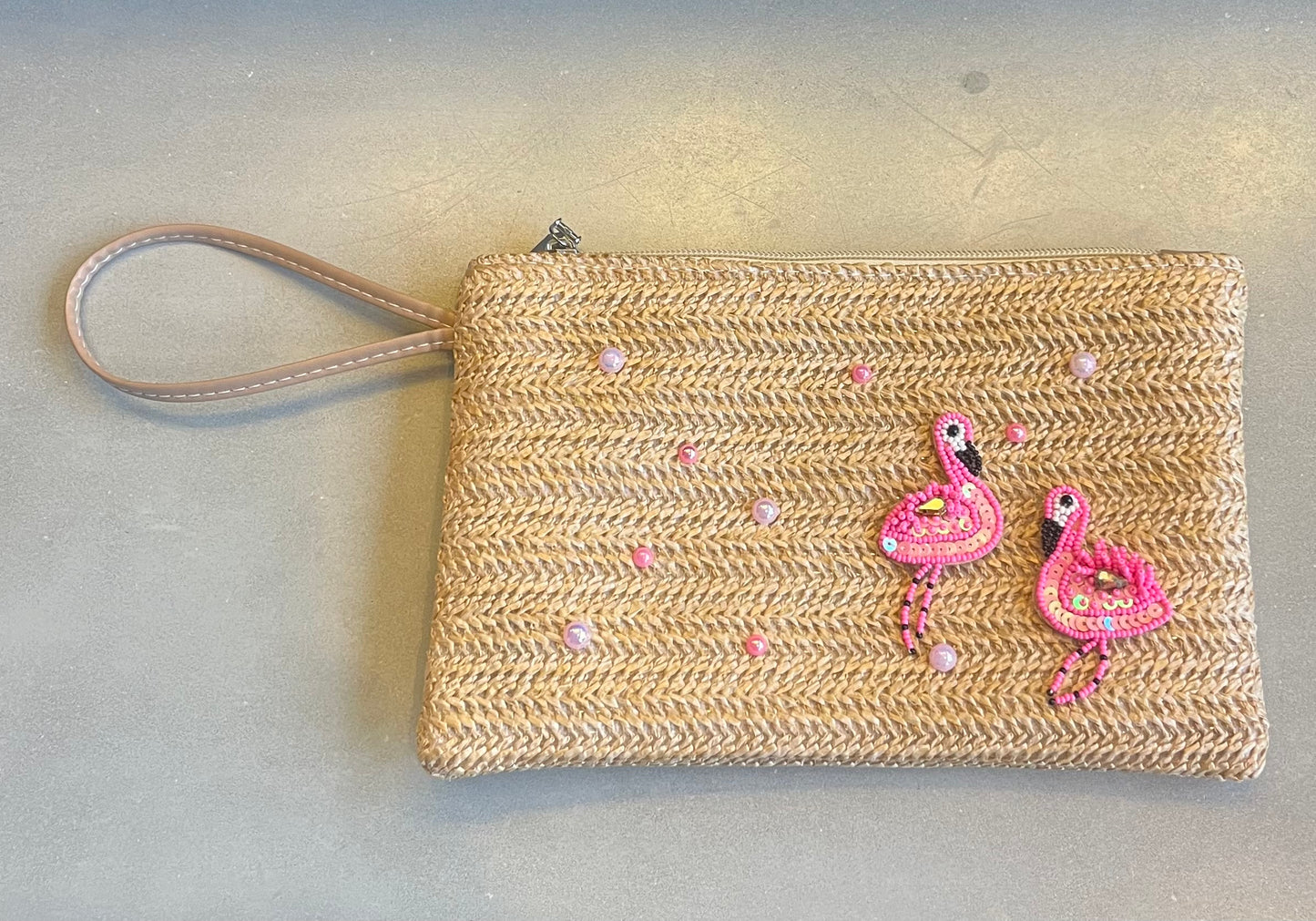 Beige beaded flamingos pouch / clutch bag