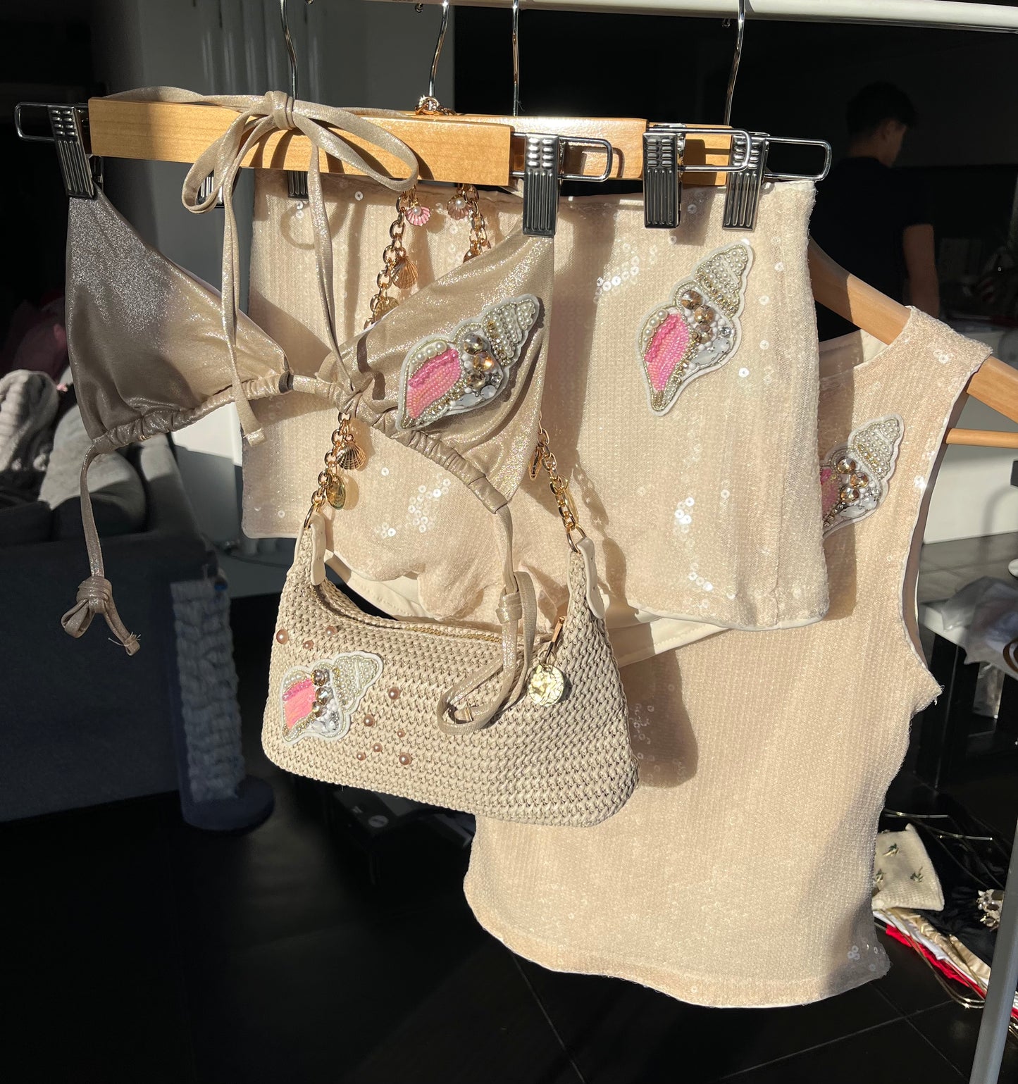 Beige beaded shell charm bag