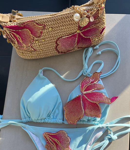 Blue pink blossom bikini