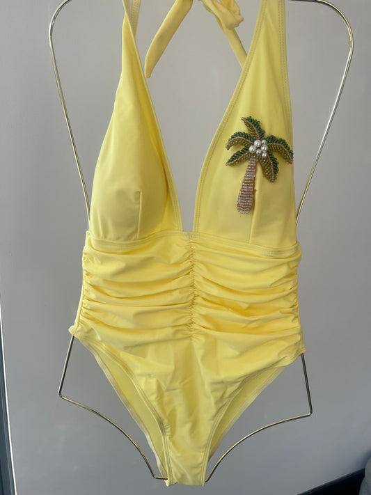 Yellow beaded palm tree One piece swimsuit