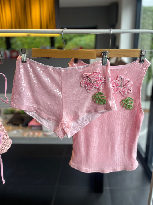 Pink beaded flora & leaf tank & shorts SET