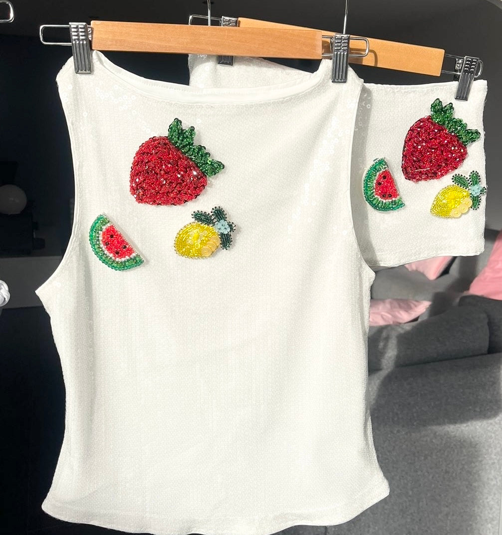 White beaded summer fruits sequin tank & shorts SET