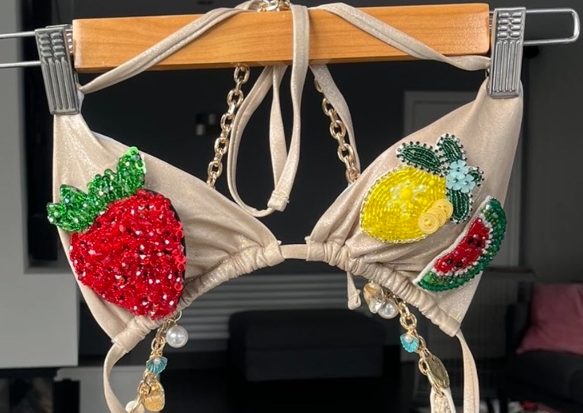 Beige beaded summer fruits bikini