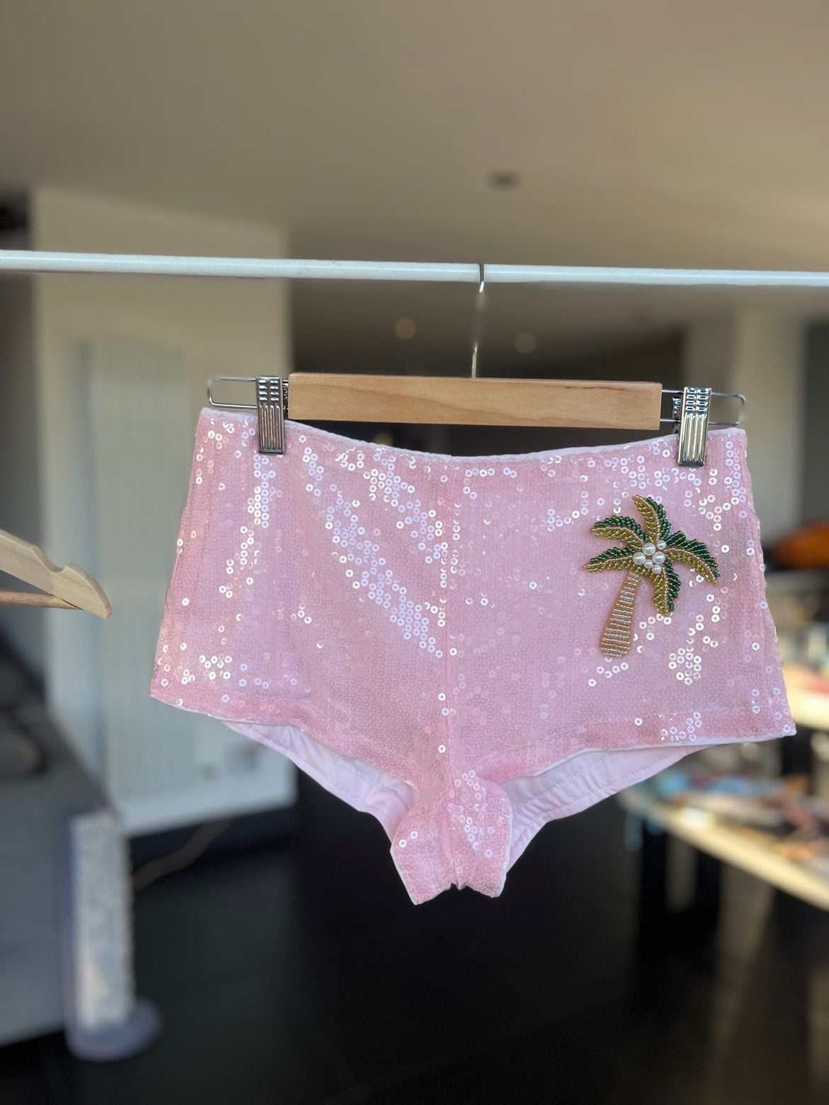 Pink beaded palm tree sequin shorts ONLY