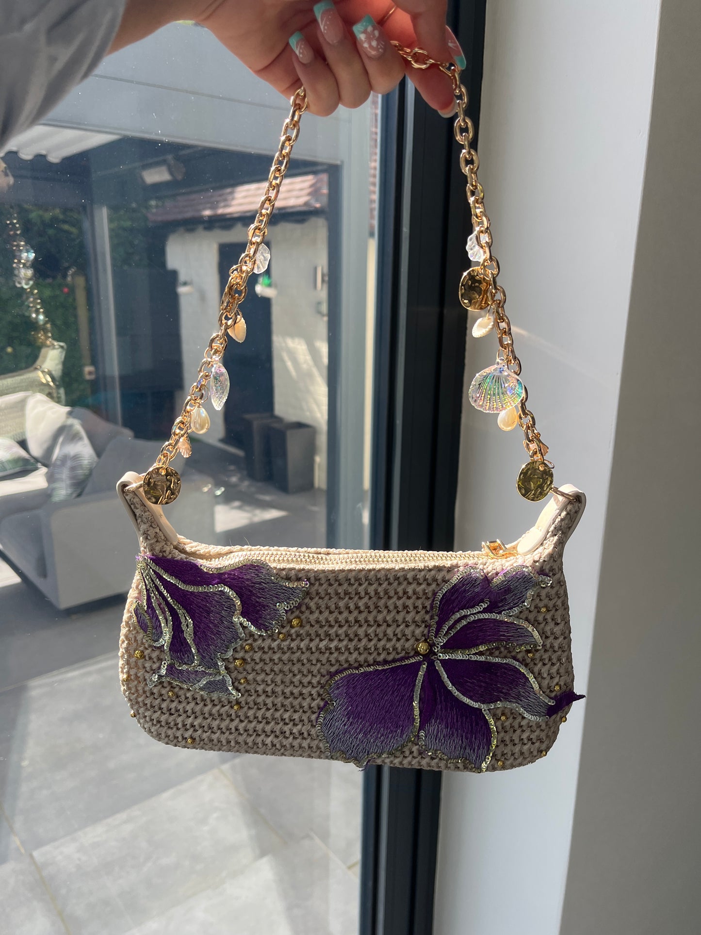 Beige violet blossom charm bag