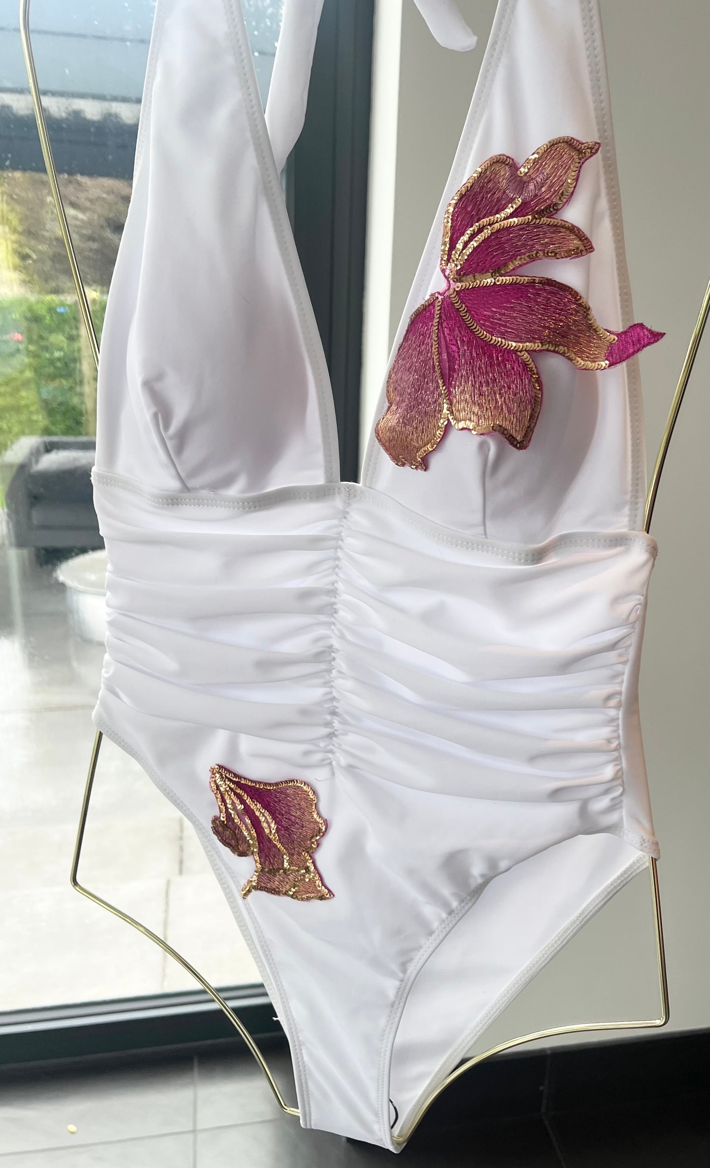 White Pink blossom One piece swimsuit