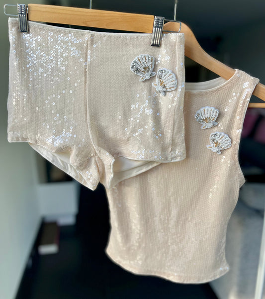 Beige beaded seashell sequin tank & shorts SET