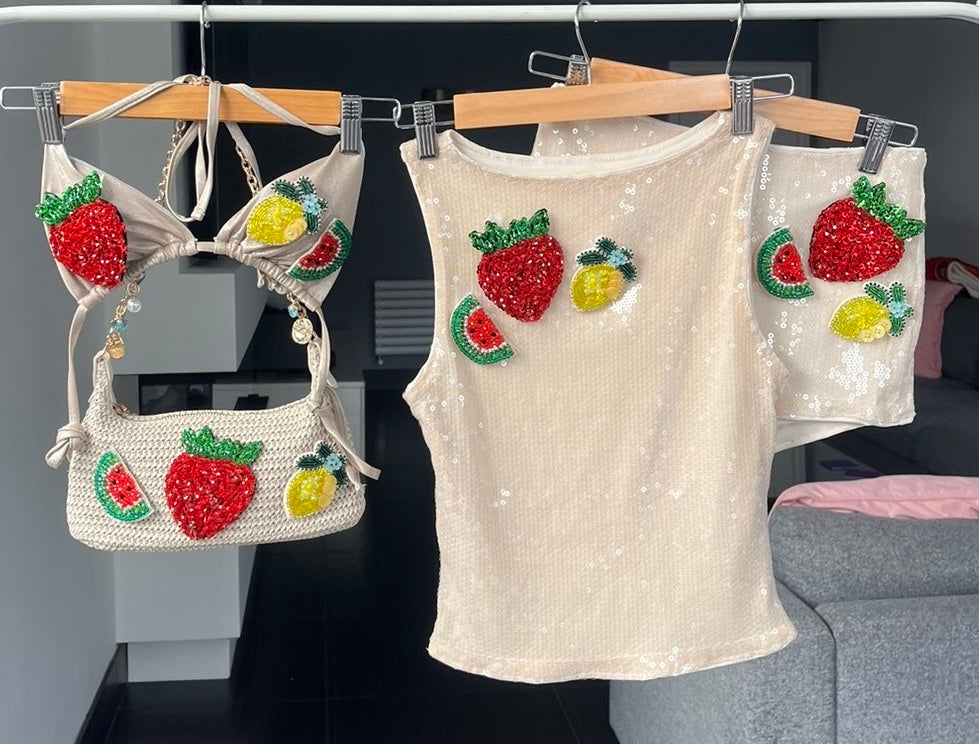 Beige beaded summer fruits bikini