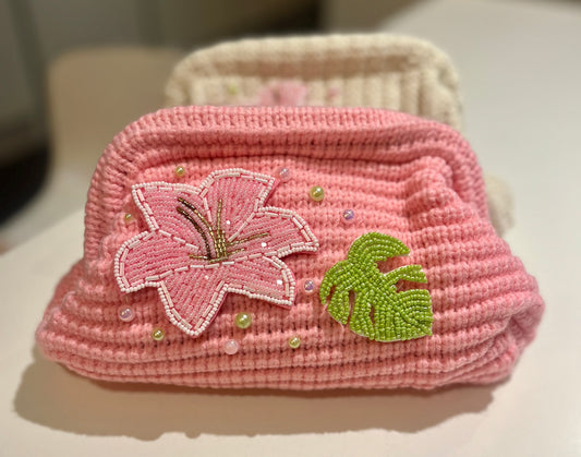 Pink beaded flora & leaf clutch bag