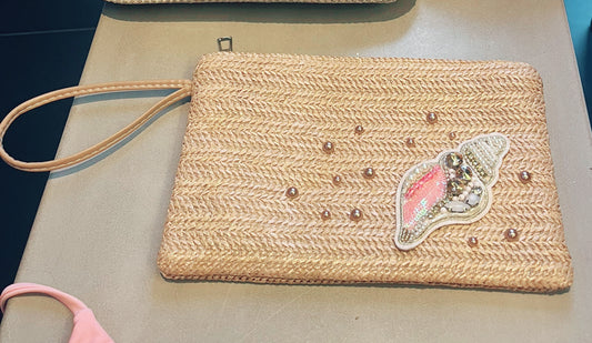 Beige beaded shell pouch / clutch bag