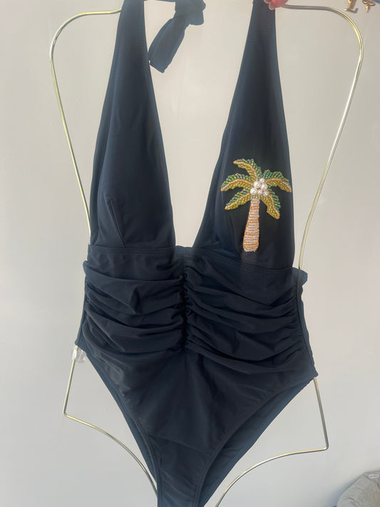 Black beaded palm tree one piece swimsuit