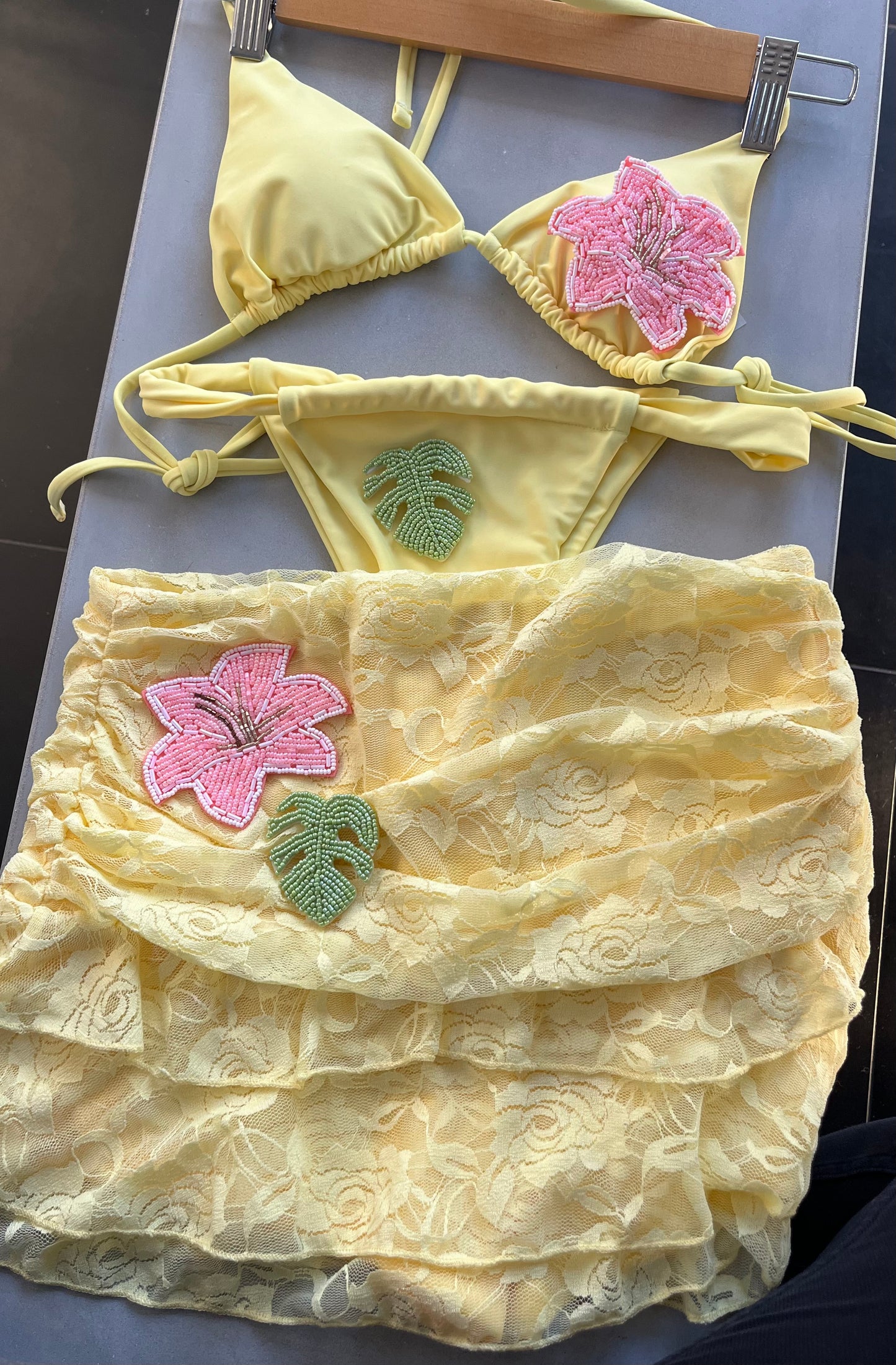 Yellow beaded flora & leaf bikini
