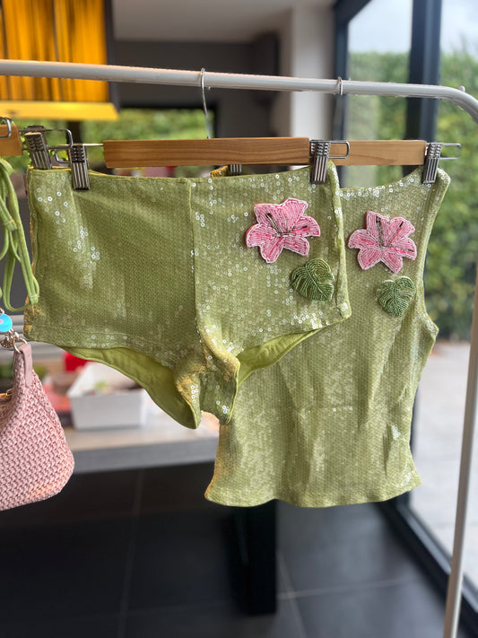 Matcha beaded flora & leaf tank & shorts SET