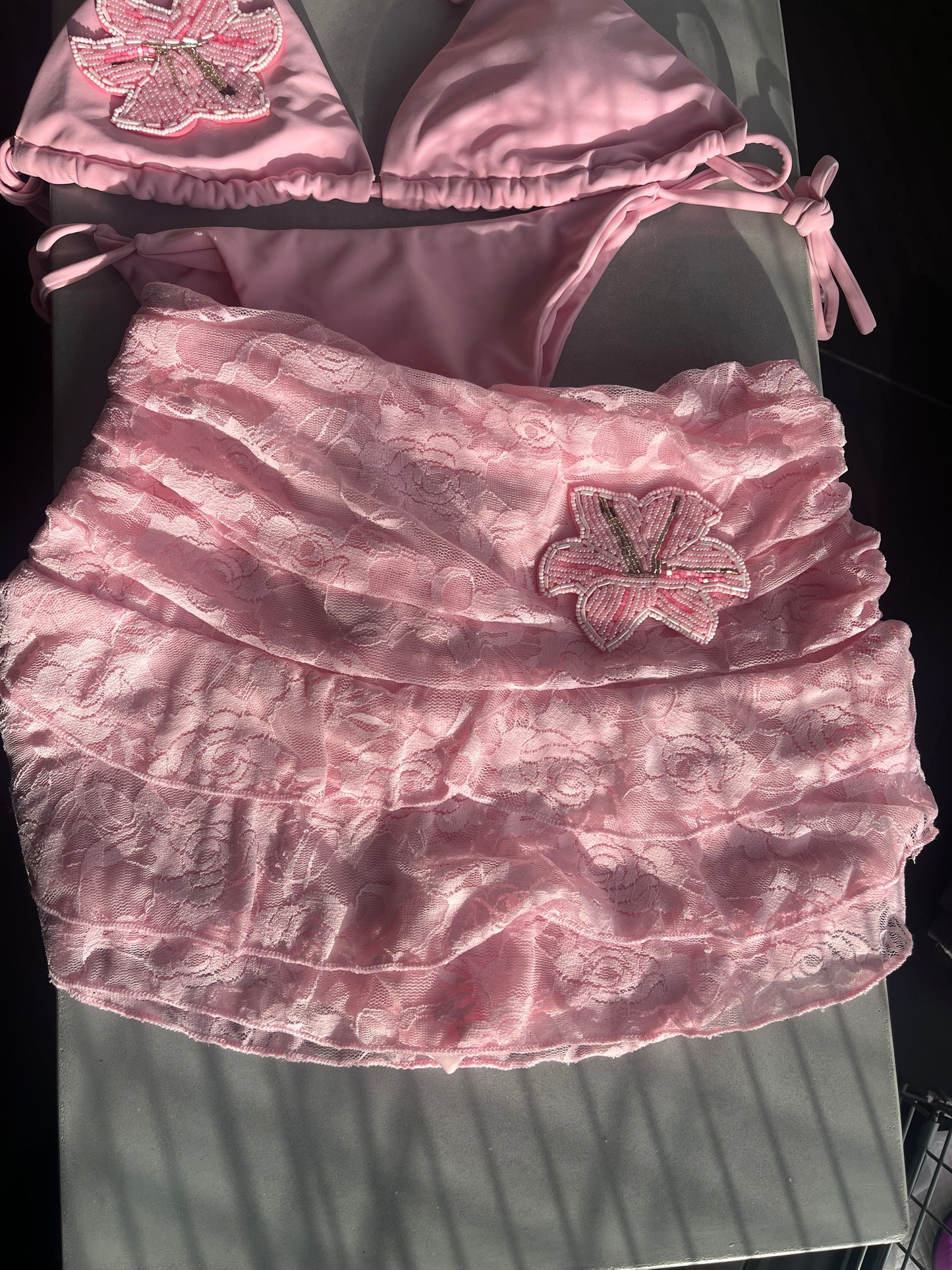 Pink beaded flora lace skort